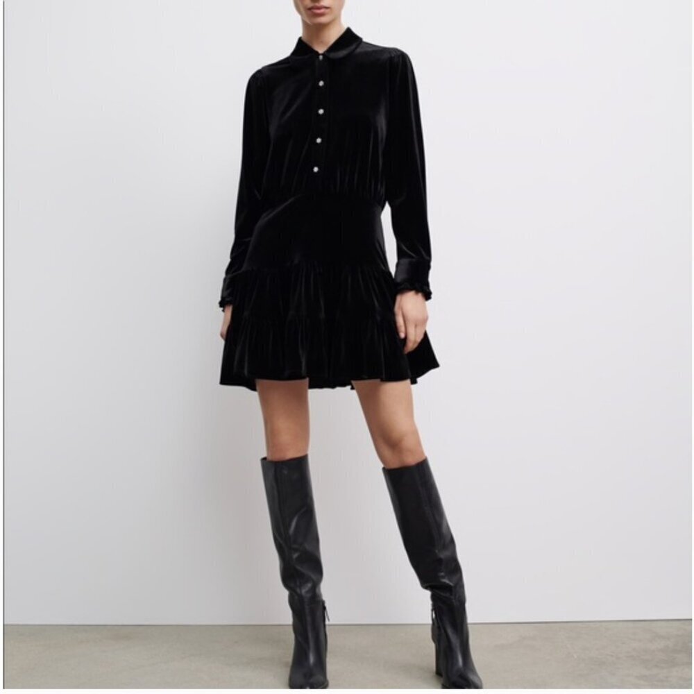 Zara Black Velvet Mini Ruffle Mini Flare Dress Size XS NEW WITH TAG!